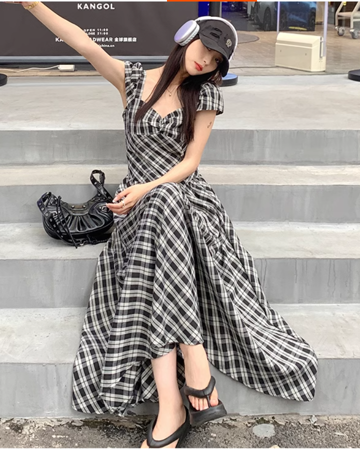 FRENCH PLAID PANELS A-LINE DRESS