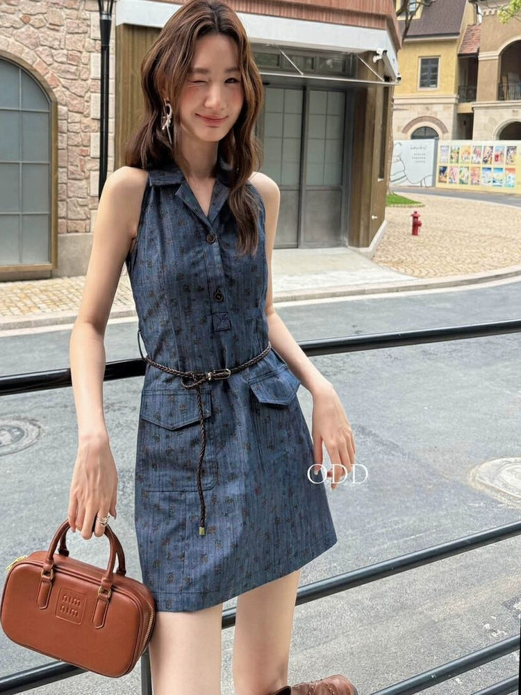 PRINTED DENIM SLEEVELESS DRESS