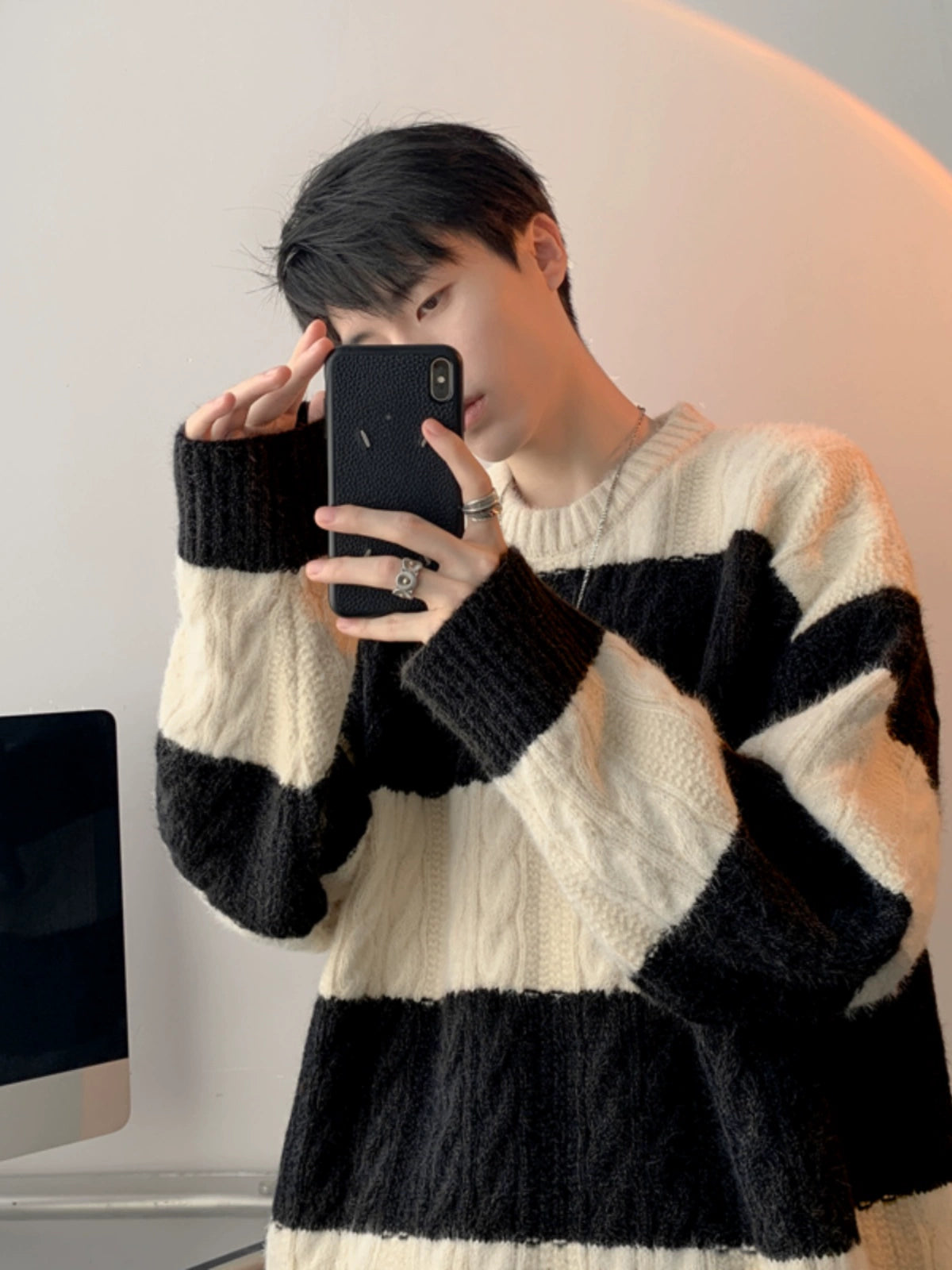 CABLE KNIT STRIPED SWEATER