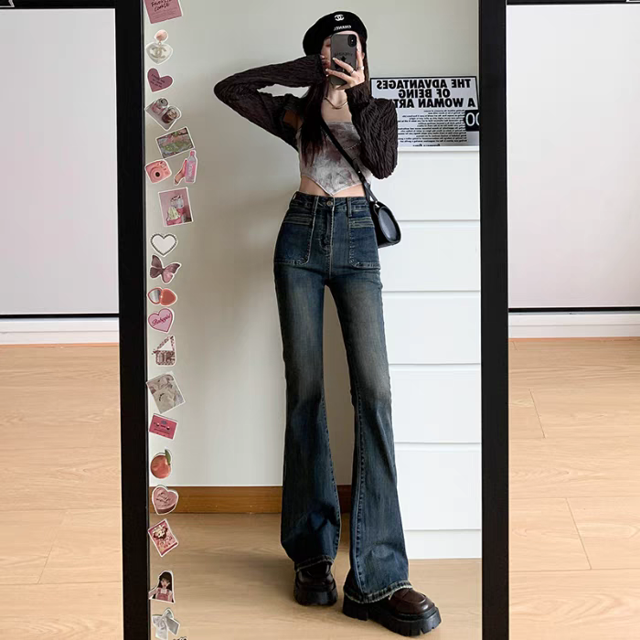 FLARED ELASTIC STRAIGHT WIDE-LEG FLOOR-LENGTH JEANS