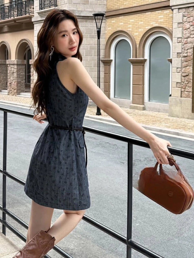 PRINTED DENIM SLEEVELESS DRESS
