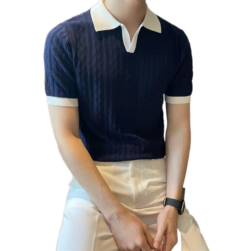 JACQUARD LAPEL SHORT -SLEEVED KNIT SHIRT