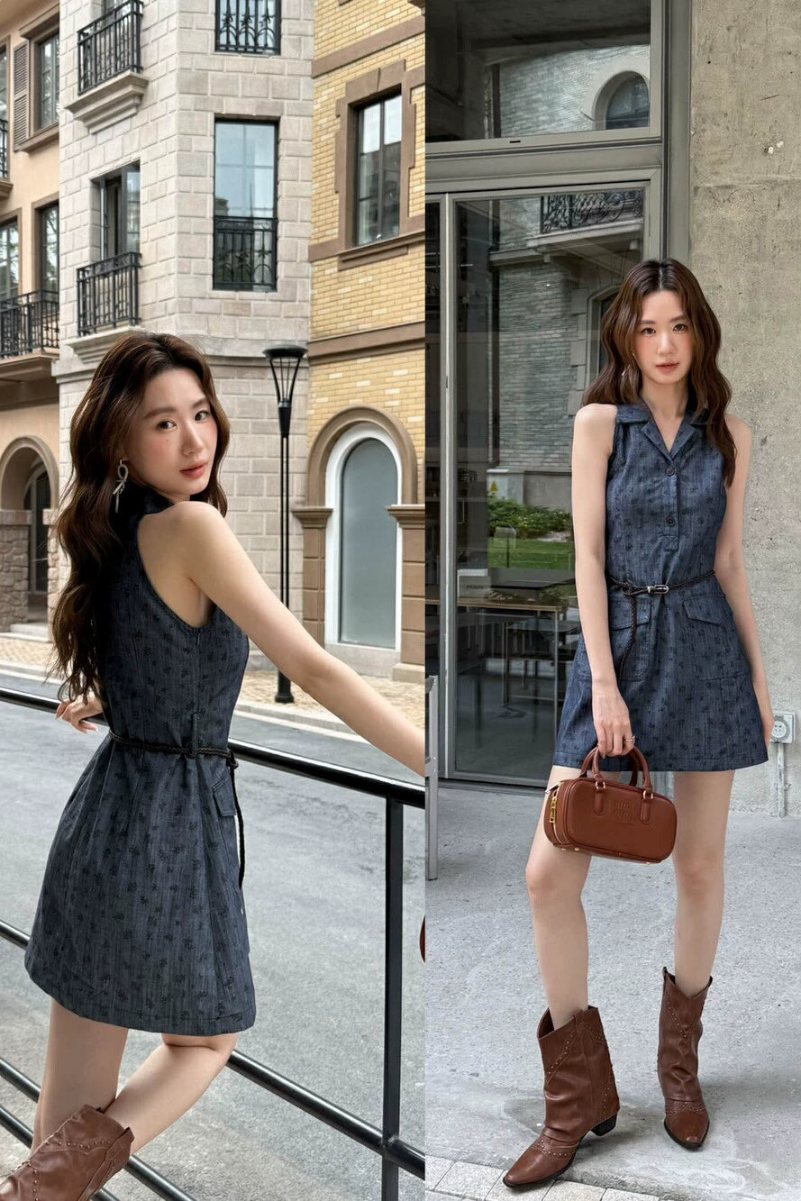 PRINTED DENIM SLEEVELESS DRESS