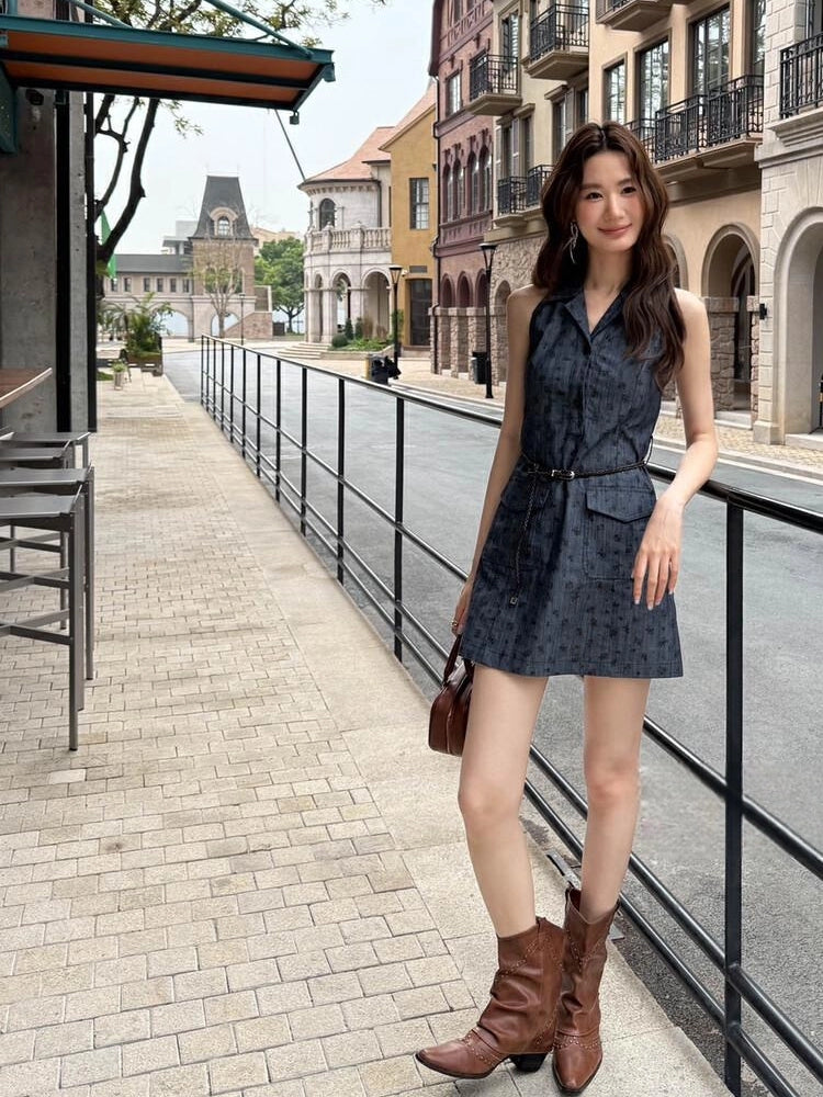 PRINTED DENIM SLEEVELESS DRESS