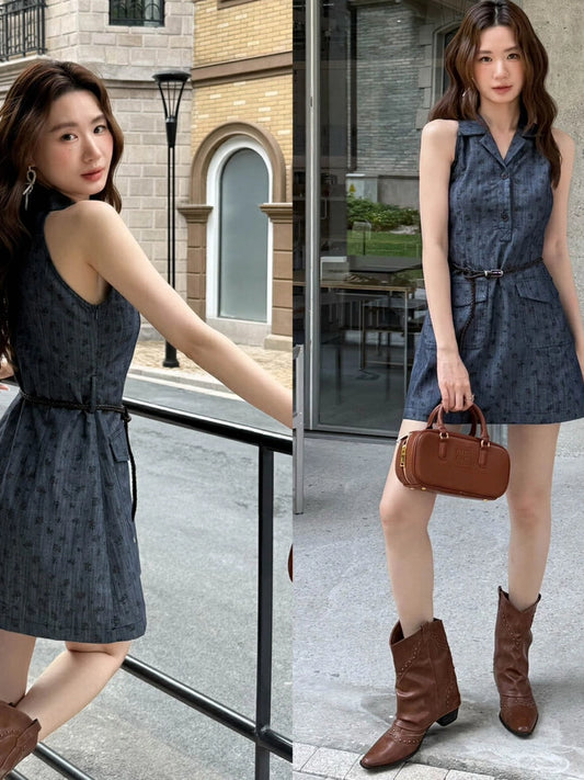 PRINTED DENIM SLEEVELESS DRESS